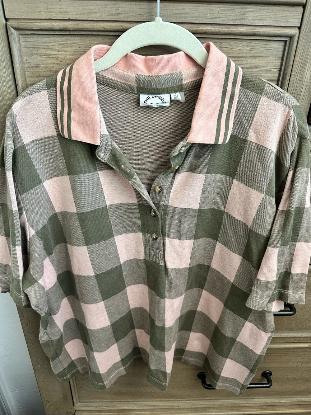 The Upside Pink and Olive Check Knit Polo